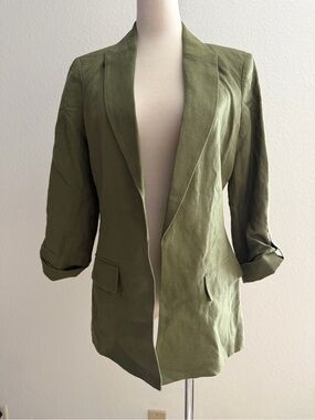 NWT Calvin Klein Olive Green Women's Open Front Blazer Linen Jacket Retail $149